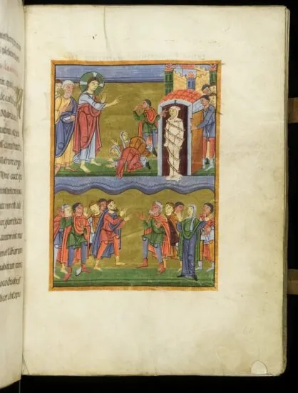De opwekking van Lazarus, miniatuur in de Bernulphuscodex (foto: Catharijneconvent Utrecht, Ruben de Heer).
